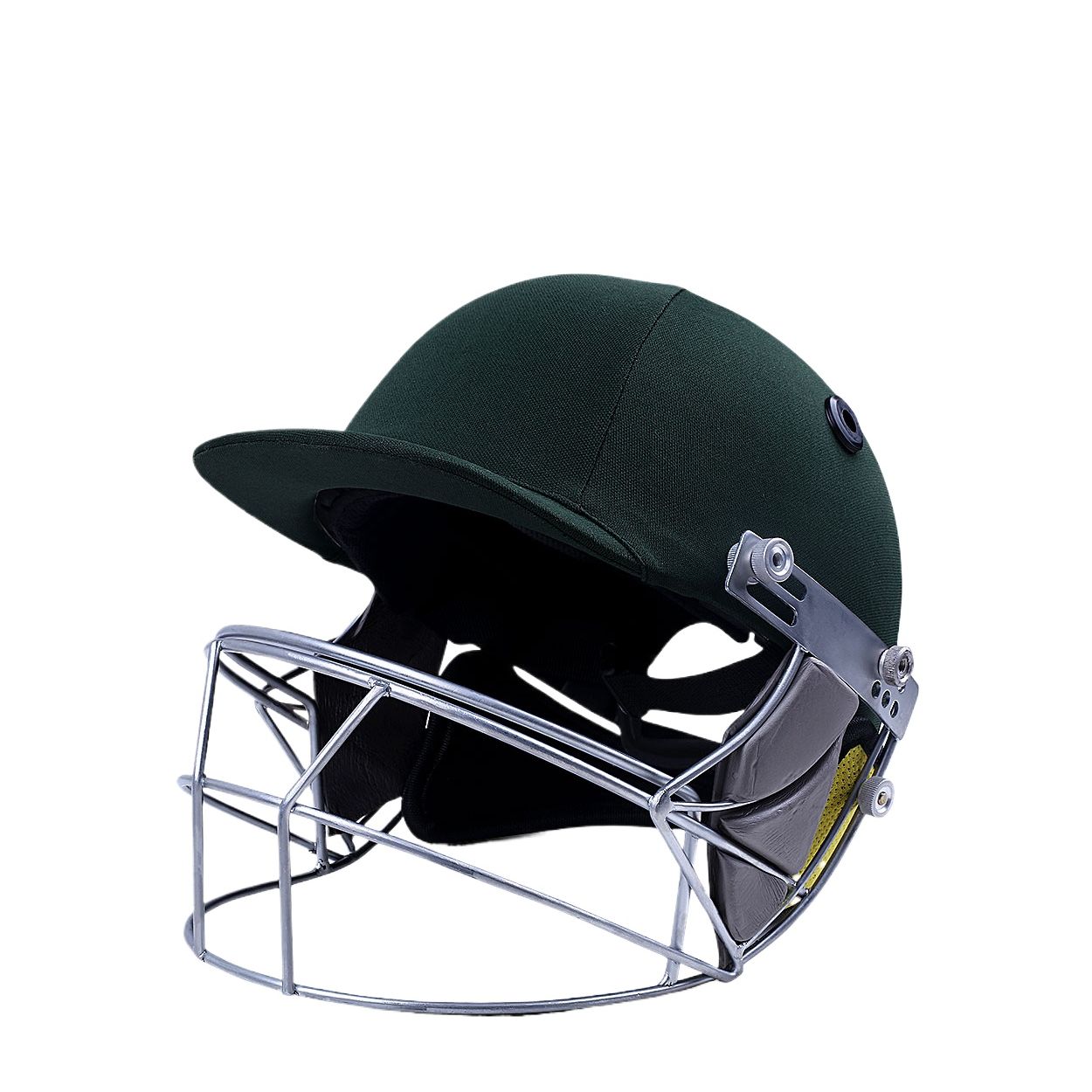 The HS Core 5 cricket helmet by HS, in dark green with a stainless steel grill and yellow interior padding, is displayed side-on against a white background, providing enhanced safety for players.