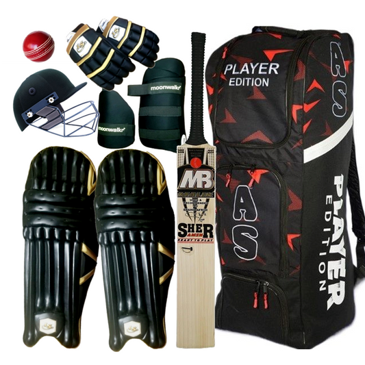 The Extreme 15000 - Players Kit by MB consists of a premium cricket backpack labeled "Player Edition," a top-grade MB Sher English Willow Cricket Bat, protective gloves, leg guards, a helmet, arm guards, and a red cricket ball. Perfect for club cricketers, the equipment is elegantly displayed against a white background.