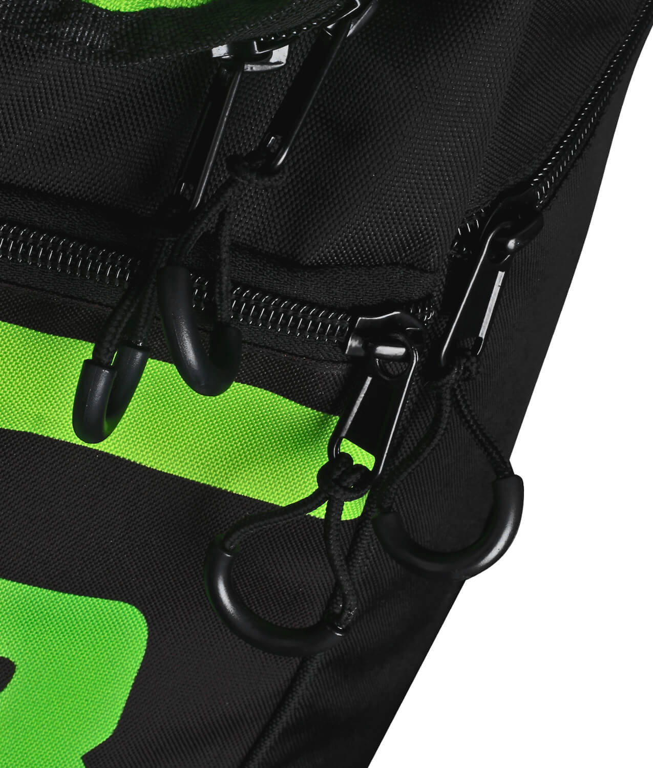 Close-up of a black HS Core 8 Duffel from HS with green accents. The bag prominently displays "CORE8" in large white and green text on the front and the "PILANO SPORTS INDUSTRY" logo at the bottom. Perfect for storing your cricket essentials, it features multiple compartments and a zipper.