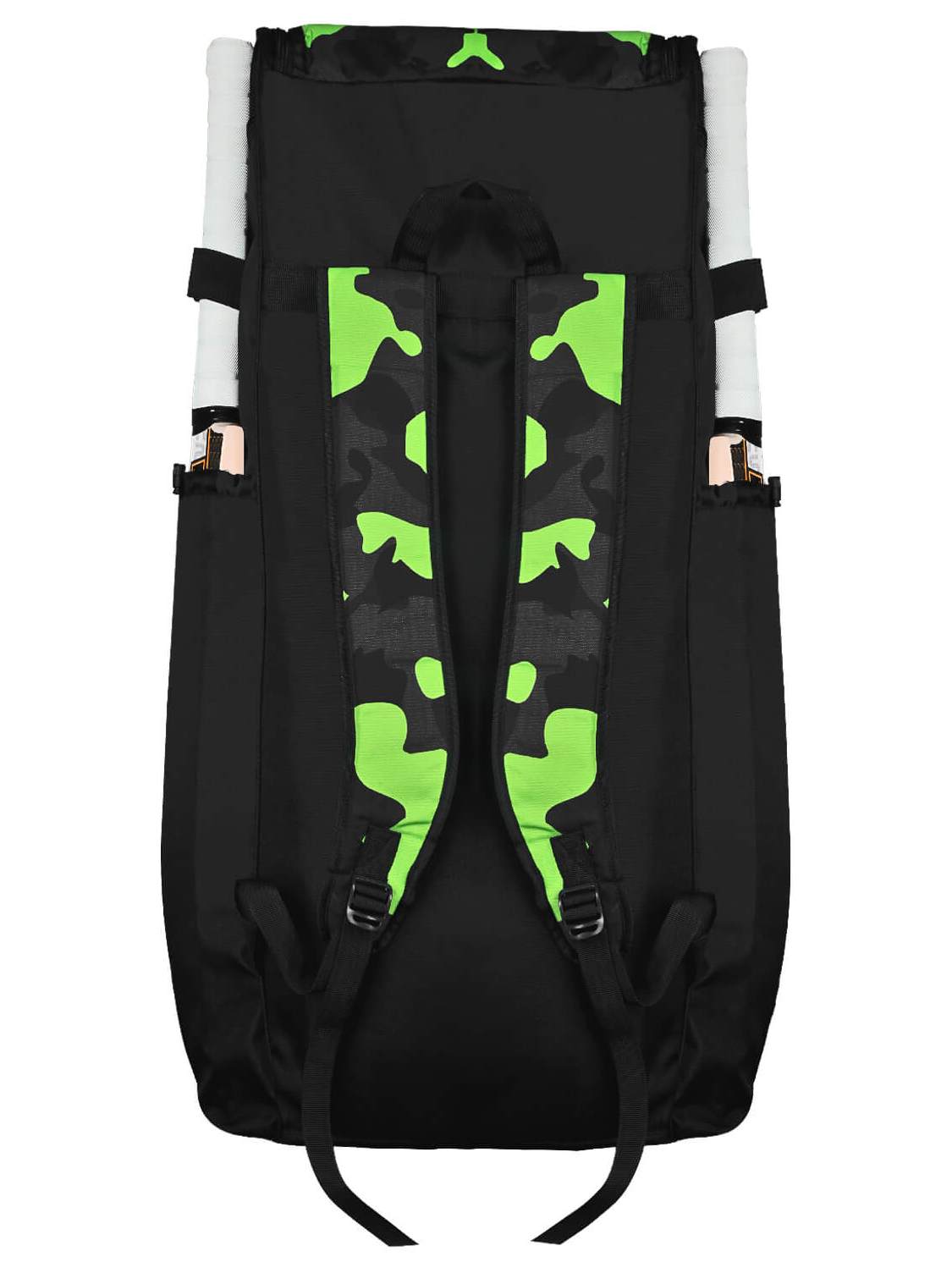 Close-up of a black HS Core 8 Duffel from HS with green accents. The bag prominently displays "CORE8" in large white and green text on the front and the "PILANO SPORTS INDUSTRY" logo at the bottom. Perfect for storing your cricket essentials, it features multiple compartments and a zipper.