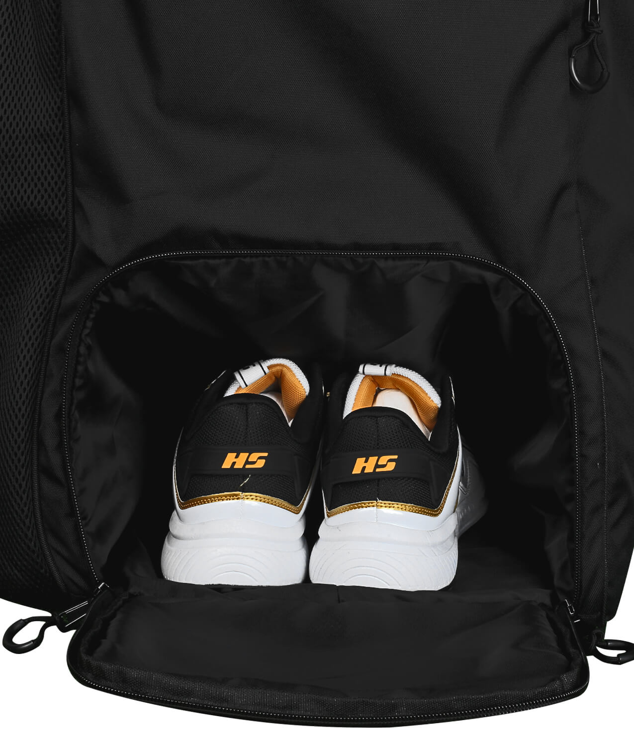 Close-up of a black HS Core 8 Duffel from HS with green accents. The bag prominently displays "CORE8" in large white and green text on the front and the "PILANO SPORTS INDUSTRY" logo at the bottom. Perfect for storing your cricket essentials, it features multiple compartments and a zipper.