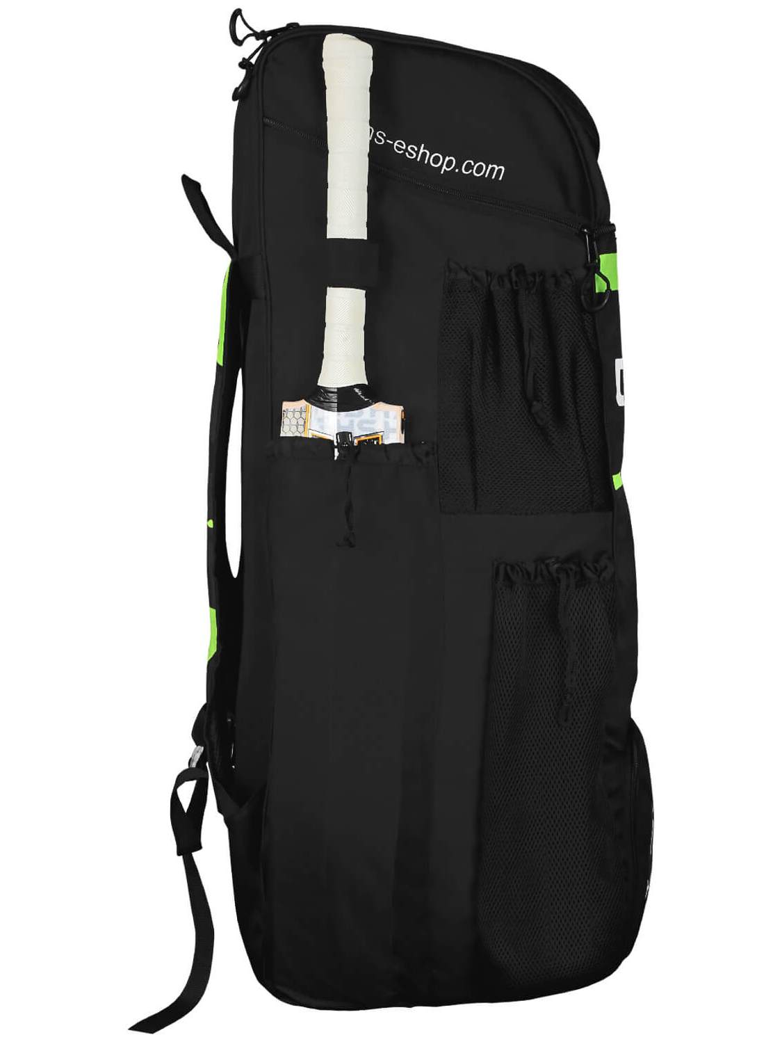 Close-up of a black HS Core 8 Duffel from HS with green accents. The bag prominently displays "CORE8" in large white and green text on the front and the "PILANO SPORTS INDUSTRY" logo at the bottom. Perfect for storing your cricket essentials, it features multiple compartments and a zipper.