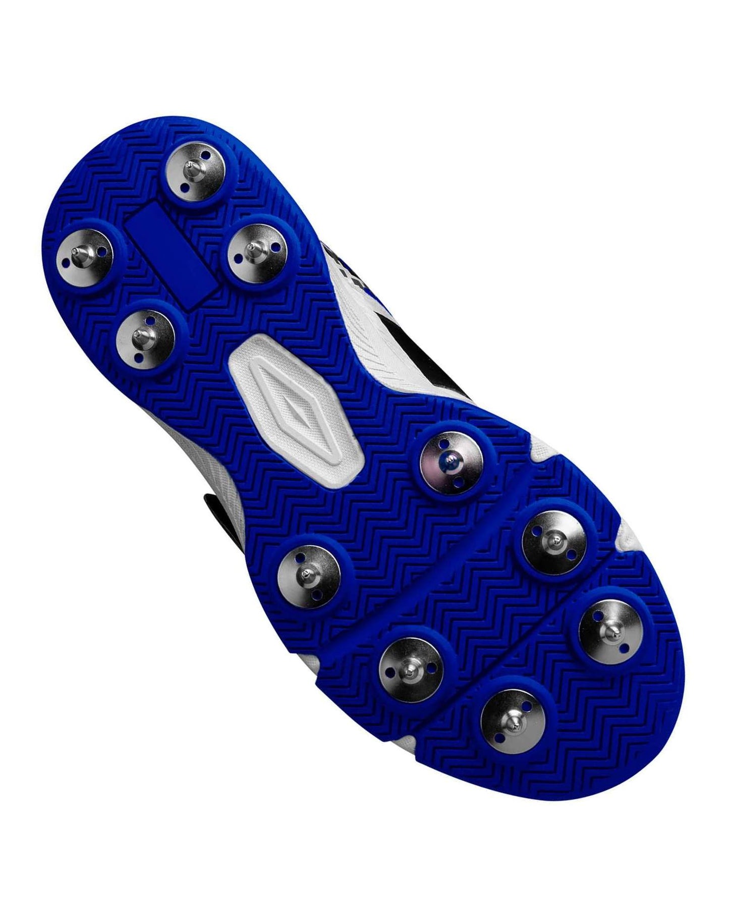 The CA Kamo Spikes cricket shoes are white athletic footwear adorned with blue and black geometric patterns on the sides and toe area. Featuring a black strap across the top with a white CA logo, these shoes also boast similar geometric designs on the heel and sole for excellent traction. The tongue is black with another distinct white CA logo.
