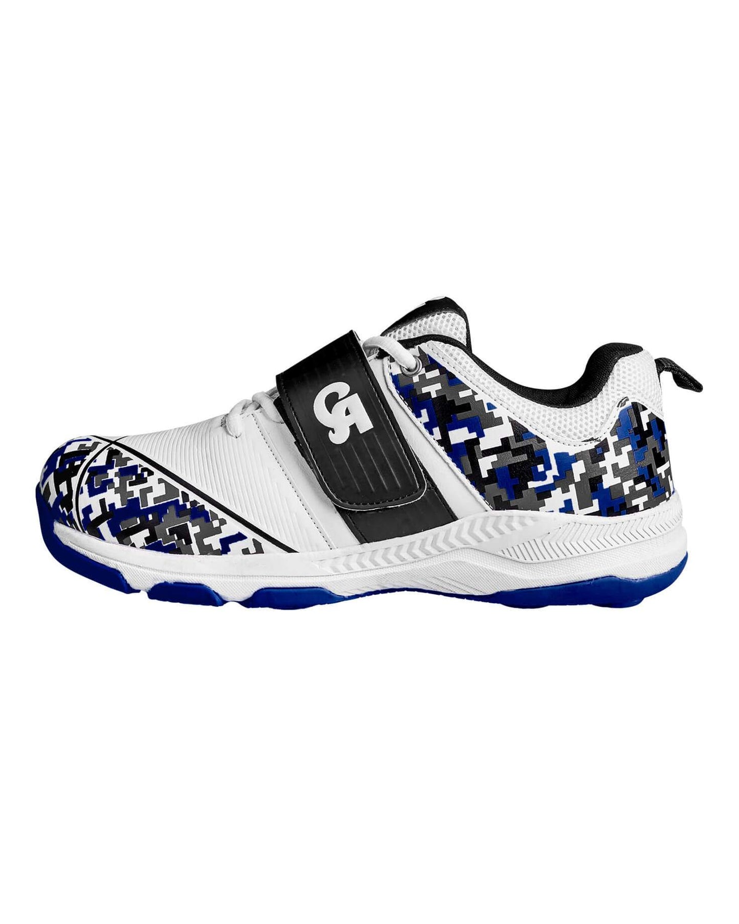 The CA Kamo Spikes cricket shoes are white athletic footwear adorned with blue and black geometric patterns on the sides and toe area. Featuring a black strap across the top with a white CA logo, these shoes also boast similar geometric designs on the heel and sole for excellent traction. The tongue is black with another distinct white CA logo.