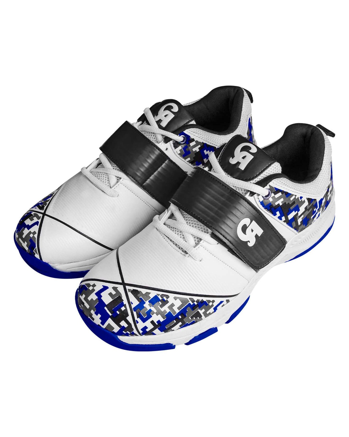 The CA Kamo Spikes cricket shoes are white athletic footwear adorned with blue and black geometric patterns on the sides and toe area. Featuring a black strap across the top with a white CA logo, these shoes also boast similar geometric designs on the heel and sole for excellent traction. The tongue is black with another distinct white CA logo.