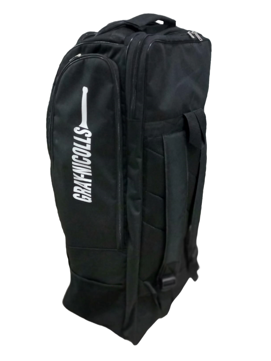 Introducing the Gray Nicolls Black Duffel - Master Replica, an upright and spacious bag crafted from durable Codura Nylon. This duffel features multiple compartments and zippers, emblazoned with the "Gray-Nicolls" brand name and a white cricket bat logo, making it the perfect companion for carrying all your cricket equipment.