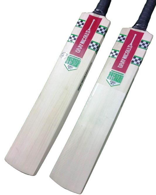 Two Gray Nicolls Replica - Kashmir Willow cricket bats from The Cricket Store, crafted for optimum performance, feature checkered grip designs and a red vertical stripe across the face. The light-colored Kashmir Willow blades have a smooth finish, with handles wrapped in black grips. Positioned side by side, they showcase both style and quality.