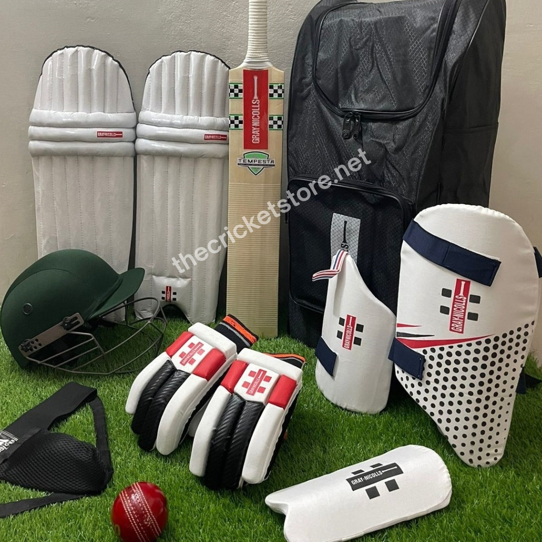 Complete hard ball cricket kit for beginners including bat, pads, gloves, helmet, and protective gear