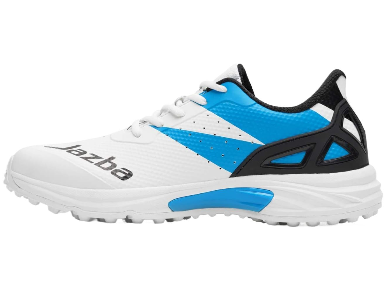 A white and blue athletic shoe, branded "HS," prominently displayed on the side, designed as the Jazba Skydrive 290. These cricket shoes feature synthetic materials with blue accents and black details on the tongue and heel area, offering excellent traction. The sneakers boast a sleek and modern design.