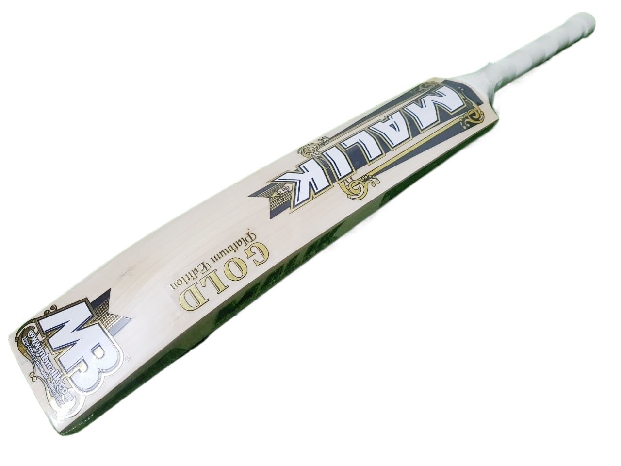 Two MB Malik Gold cricket bats, expertly crafted from professional standard pro grade English Willow, are standing side by side. The left bat displays the front featuring the "MB Malik Gold" name and decorative designs. The right bat reveals the back with "MALIK" written vertically in bold letters. Both bats are equipped with black handles.