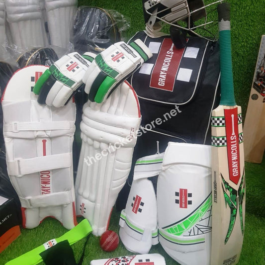 Gray Nicolls Elite Edition cricket kit with English Willow bat, batting pads, gloves, helmet, and kit bag