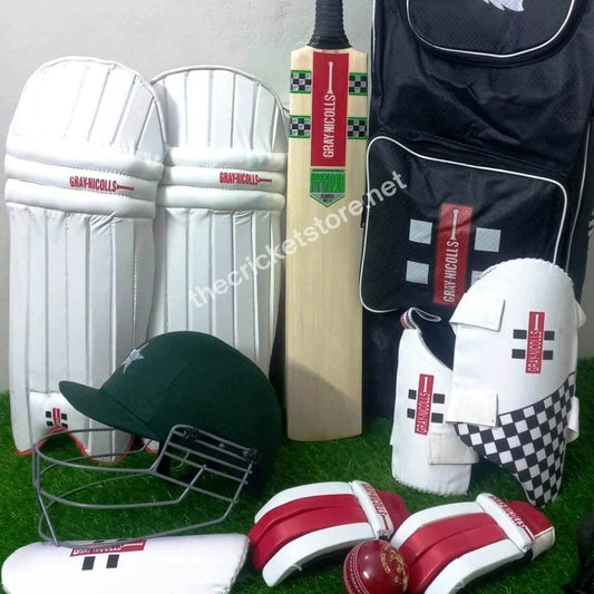 Junior hard ball cricket kit with starter English Willow bat, helmet, gloves, pads, and kit bag for kids
