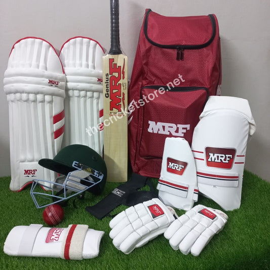 MRF Players Edition professional cricket kit with English Willow bat, pads, gloves, helmet, and full gear set