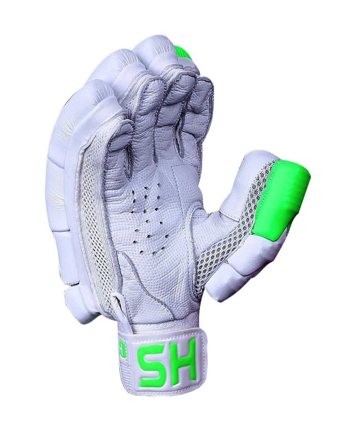 A pair of HS Core 7 white and green cricket gloves featuring protective padding on the fingers and back of the hand. These shock-resistant gloves prominently display the "HS" brand initials on the wrist straps, providing impact protection. The design includes green accents on the knuckles and fingers.