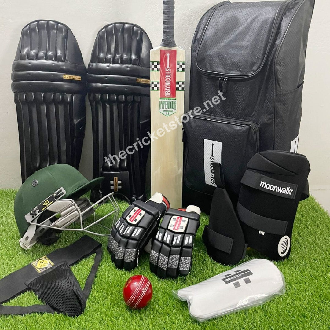 Under-19 Black Edition hard ball cricket kit with English Willow bat, pads, gloves, helmet, and kit bag