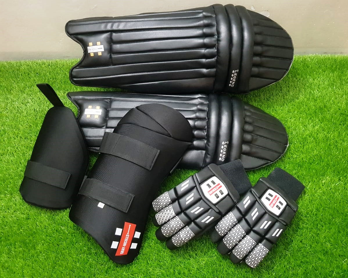 Under-19 Black Edition cricket protective gear set with pads, batting gloves, and thigh guards