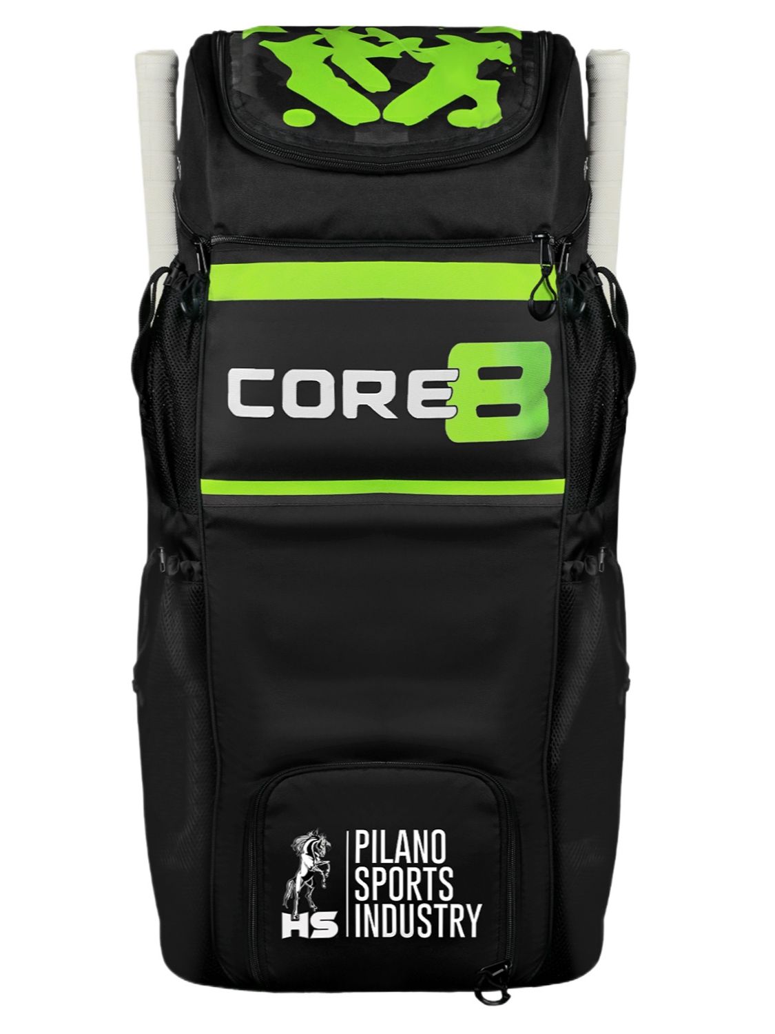 Close-up of a black HS Core 8 Duffel from HS with green accents. The bag prominently displays "CORE8" in large white and green text on the front and the "PILANO SPORTS INDUSTRY" logo at the bottom. Perfect for storing your cricket essentials, it features multiple compartments and a zipper.