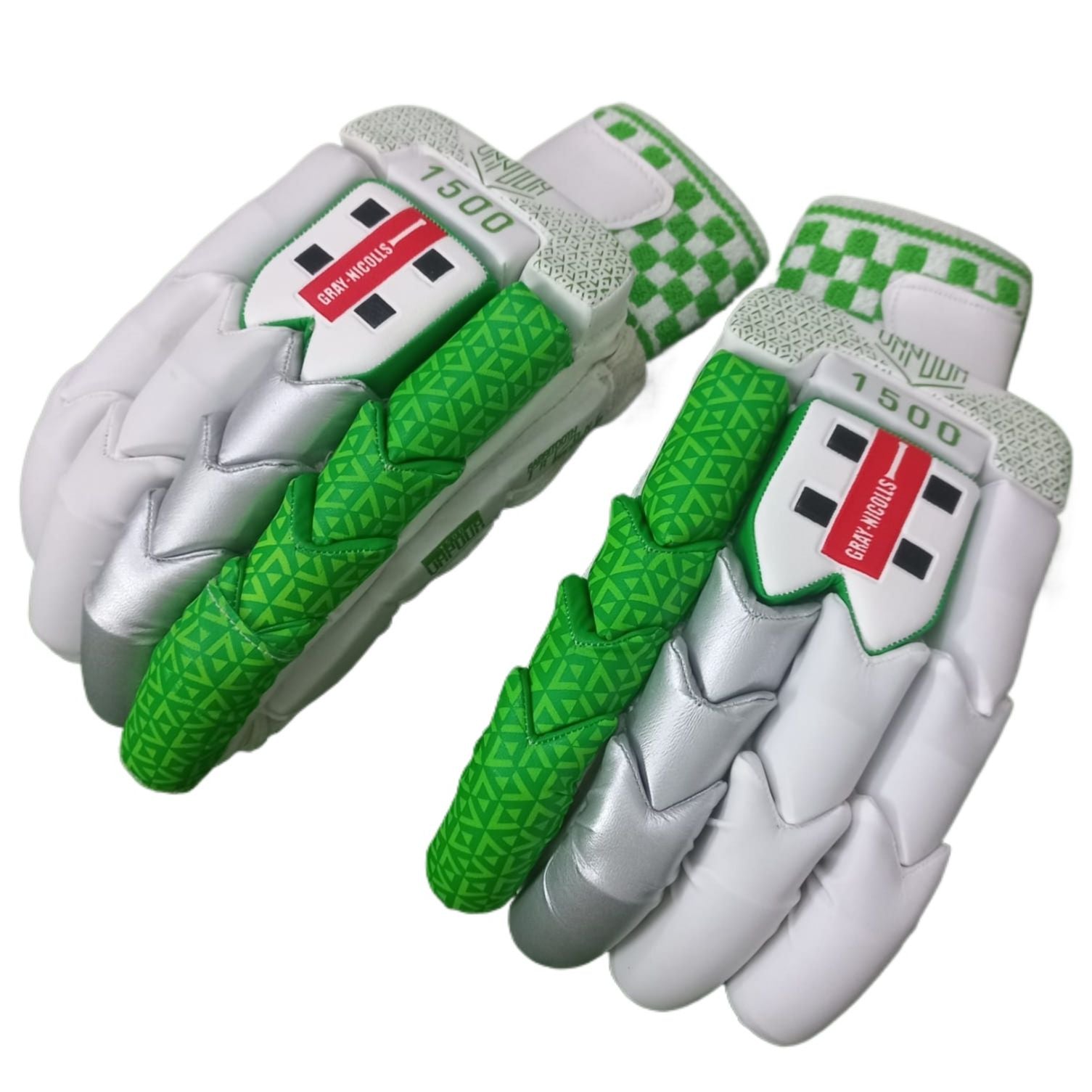 The Gray Nicolls Vapour 1500 Green - Master Replica batting gloves feature a white and silver color scheme with striking green accents. The back of these cricket gloves showcases a textured green pattern, and the label proudly displays "Gray Nicolls," "1500," along with a distinctive red and white cross design for superior impact protection.