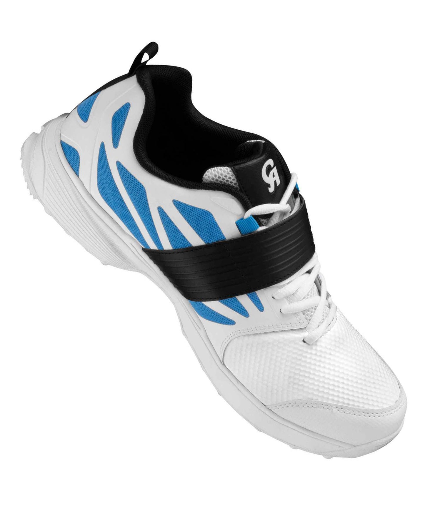 The CA Big Bang Spikes is an athletic cricket shoe that showcases a white base accented with blue and detailed in black. It includes a supportive black strap across the top, a white sole equipped with CA Cricket Spikes for exceptional grip, and features black lining on the inside. The shoe is displayed against a plain white background.