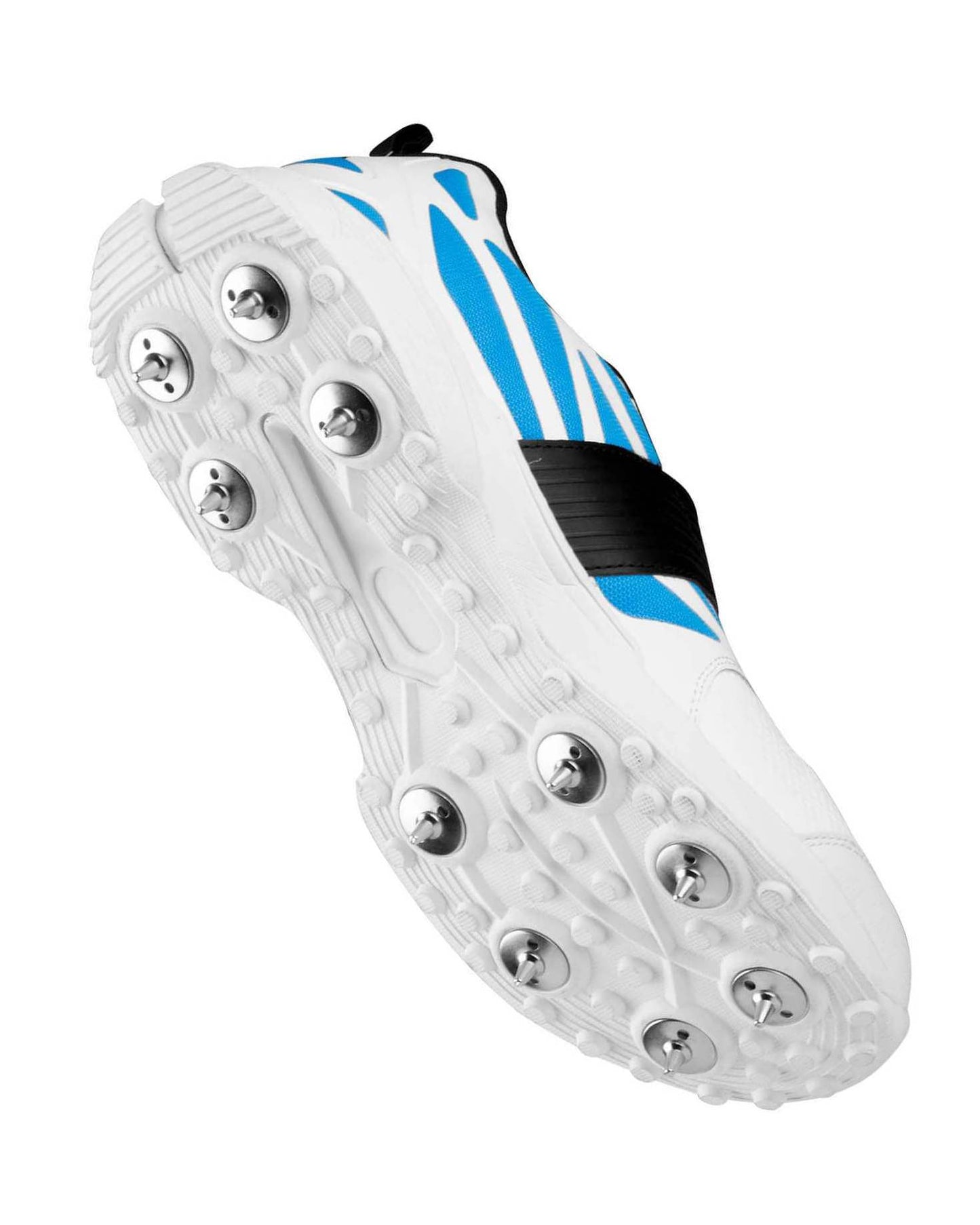 The CA Big Bang Spikes is an athletic cricket shoe that showcases a white base accented with blue and detailed in black. It includes a supportive black strap across the top, a white sole equipped with CA Cricket Spikes for exceptional grip, and features black lining on the inside. The shoe is displayed against a plain white background.