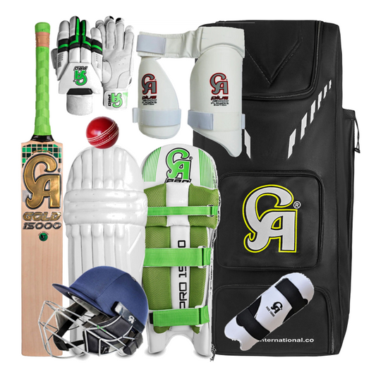 The CA Pro 15000 - Players Kit from CA is a complete high-quality cricket kit perfect for professional cricketers, including a Pro Grade English Willow Cricket Bat, wicket-keeping gloves, batting pads, arm guards, batting gloves, helmet, a red cricket ball, thigh guard, elbow guard, and a black kit bag with white detailing on the side.