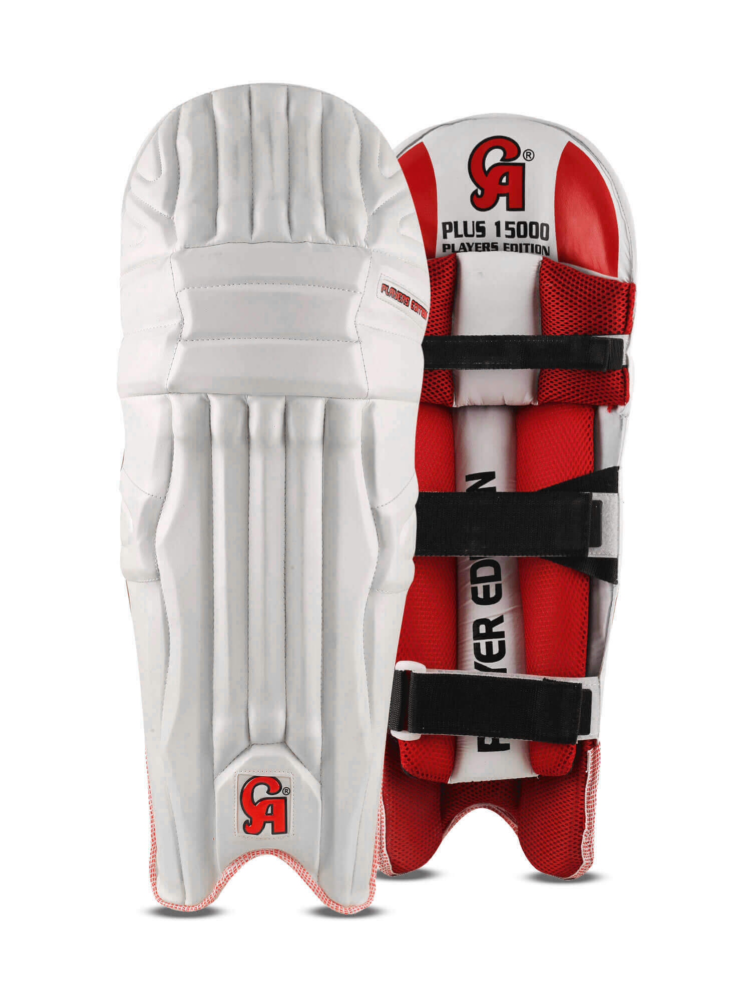 The image showcases the CA 15000 Player Edition batting pads. The front view reveals a white padded surface with minimal red accents, while the rear displays red and black straps for securing the pads. Designed for cricket protection, these pads feature shock absorption technology. The brand logo "CA" and "Plus 15000 Players Edition" are visible.