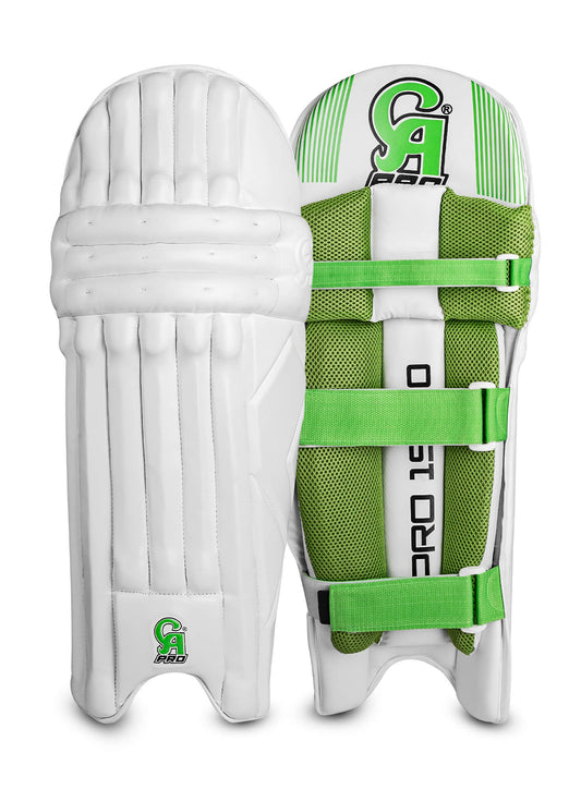 A pair of CA Pro 15000 white and green cricket leg-guards. The front sides feature vertical padding with the CA brand logo at the bottom. The rear sides show green and white padding with adjustable green straps for securing the pads to the legs, enhanced with shock-resistant material, and branded text reading "PRO.