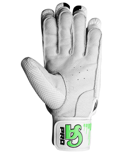 A pair of CA Pro 15000 white and green cricket batting gloves featuring black accents. One glove is displayed with the palm facing forward, showing padded fingers for impact protection and a CA logo on the wrist strap. The other glove's palm shows perforations for ventilation and a textured grip.