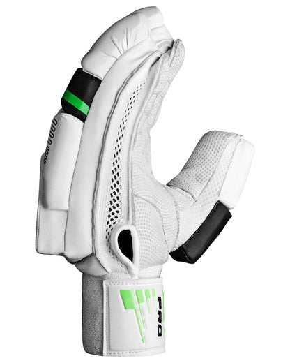 A pair of CA Pro 15000 white and green cricket batting gloves featuring black accents. One glove is displayed with the palm facing forward, showing padded fingers for impact protection and a CA logo on the wrist strap. The other glove's palm shows perforations for ventilation and a textured grip.