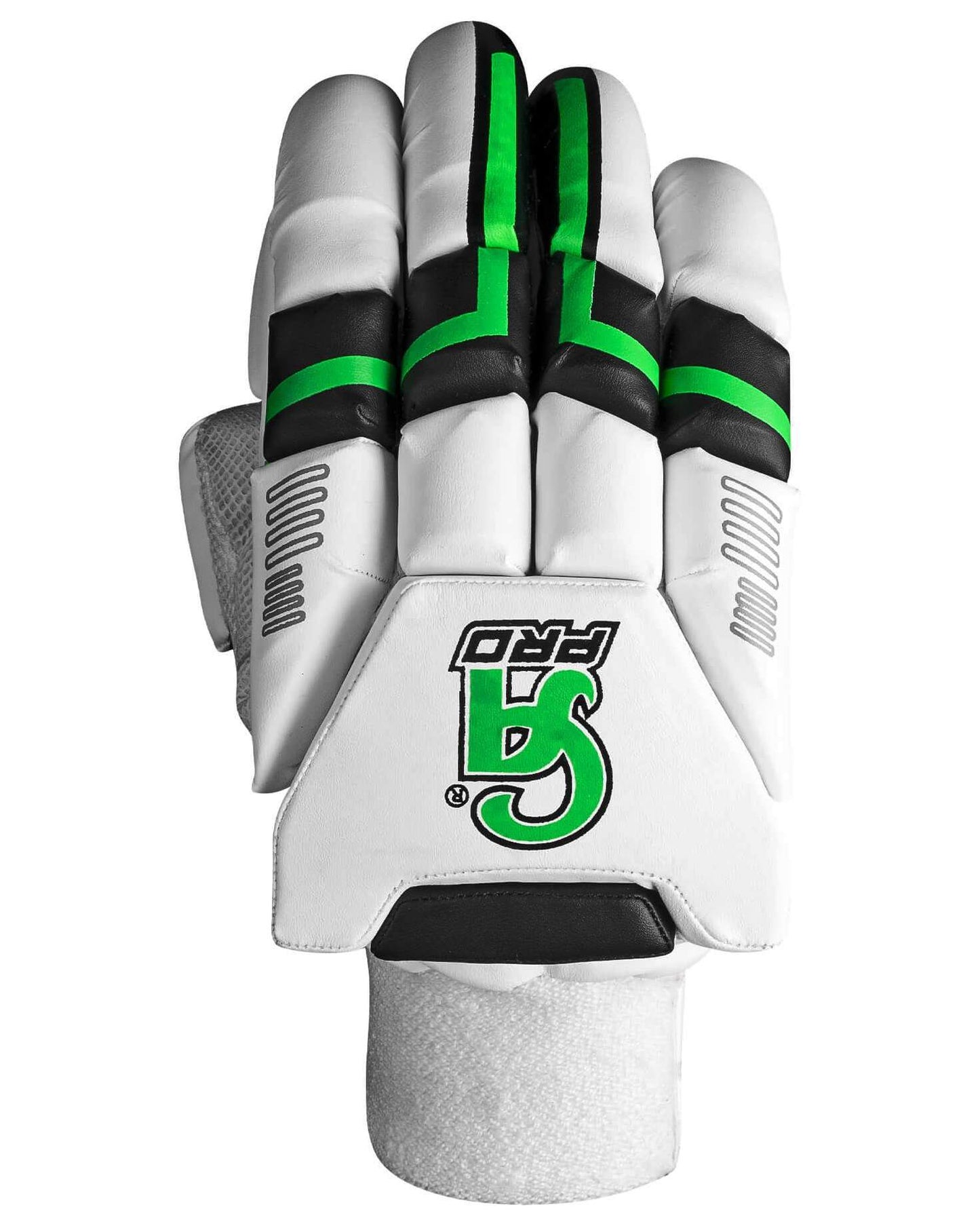 A pair of CA Pro 15000 white and green cricket batting gloves featuring black accents. One glove is displayed with the palm facing forward, showing padded fingers for impact protection and a CA logo on the wrist strap. The other glove's palm shows perforations for ventilation and a textured grip.