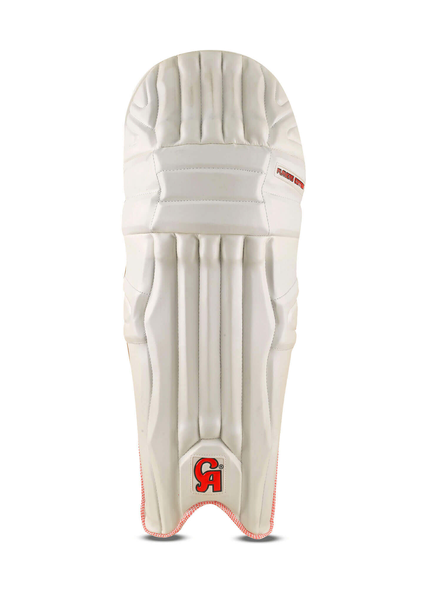 The image showcases the CA 15000 Player Edition batting pads. The front view reveals a white padded surface with minimal red accents, while the rear displays red and black straps for securing the pads. Designed for cricket protection, these pads feature shock absorption technology. The brand logo "CA" and "Plus 15000 Players Edition" are visible.