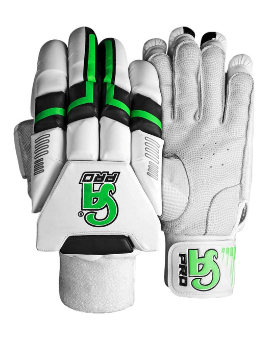 A pair of CA Pro 15000 white and green cricket batting gloves featuring black accents. One glove is displayed with the palm facing forward, showing padded fingers for impact protection and a CA logo on the wrist strap. The other glove's palm shows perforations for ventilation and a textured grip.