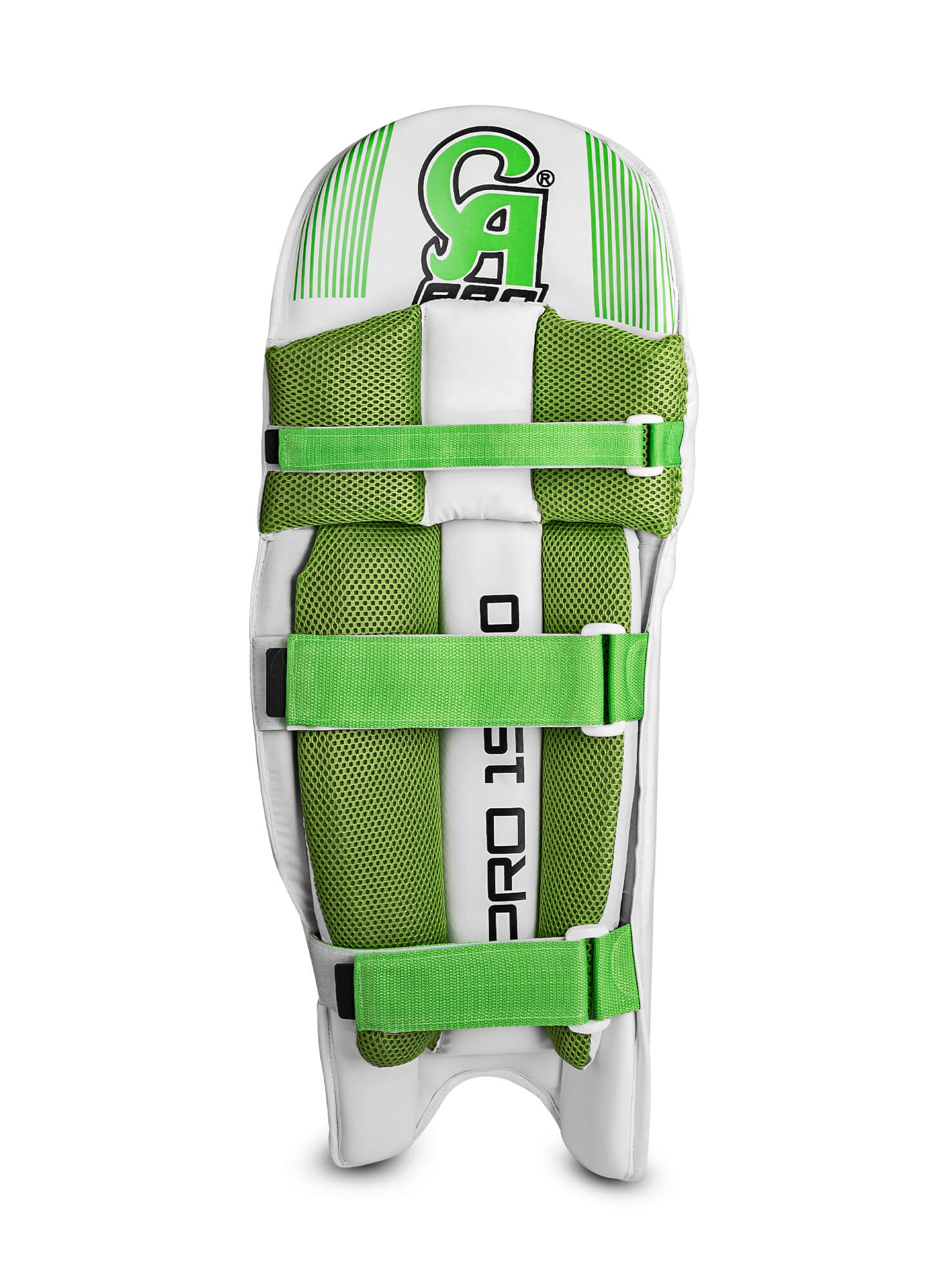 A pair of CA Pro 15000 white and green cricket leg-guards. The front sides feature vertical padding with the CA brand logo at the bottom. The rear sides show green and white padding with adjustable green straps for securing the pads to the legs, enhanced with shock-resistant material, and branded text reading "PRO.