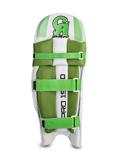 A pair of CA Pro 15000 white and green cricket leg-guards. The front sides feature vertical padding with the CA brand logo at the bottom. The rear sides show green and white padding with adjustable green straps for securing the pads to the legs, enhanced with shock-resistant material, and branded text reading "PRO.