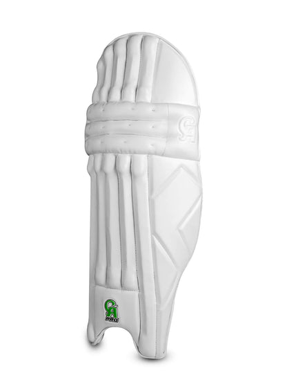 A pair of CA Pro 15000 white and green cricket leg-guards. The front sides feature vertical padding with the CA brand logo at the bottom. The rear sides show green and white padding with adjustable green straps for securing the pads to the legs, enhanced with shock-resistant material, and branded text reading "PRO.