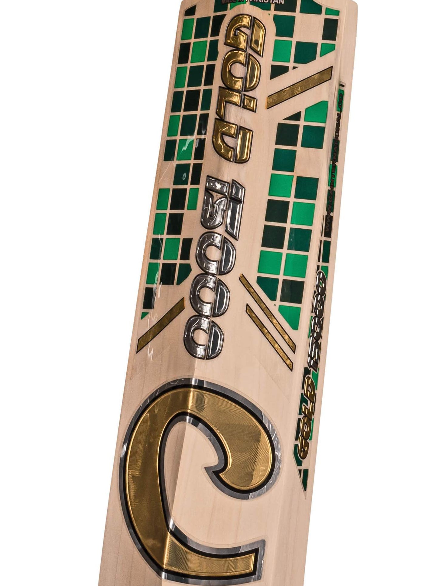 A CA Gold 15000 - Professional Standard Pro Grade English Willow cricket bat featuring a light wooden blade and a bright green handle. The front of the bat displays "CA Gold 15000" in bold, gold lettering, while the top of the blade showcases a small green and black pattern. Crafted from premium materials for superior performance.