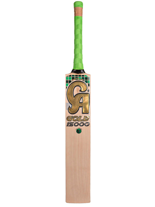 A CA Gold 15000 - Professional Standard Pro Grade English Willow cricket bat featuring a light wooden blade and a bright green handle. The front of the bat displays "CA Gold 15000" in bold, gold lettering, while the top of the blade showcases a small green and black pattern. Crafted from premium materials for superior performance.