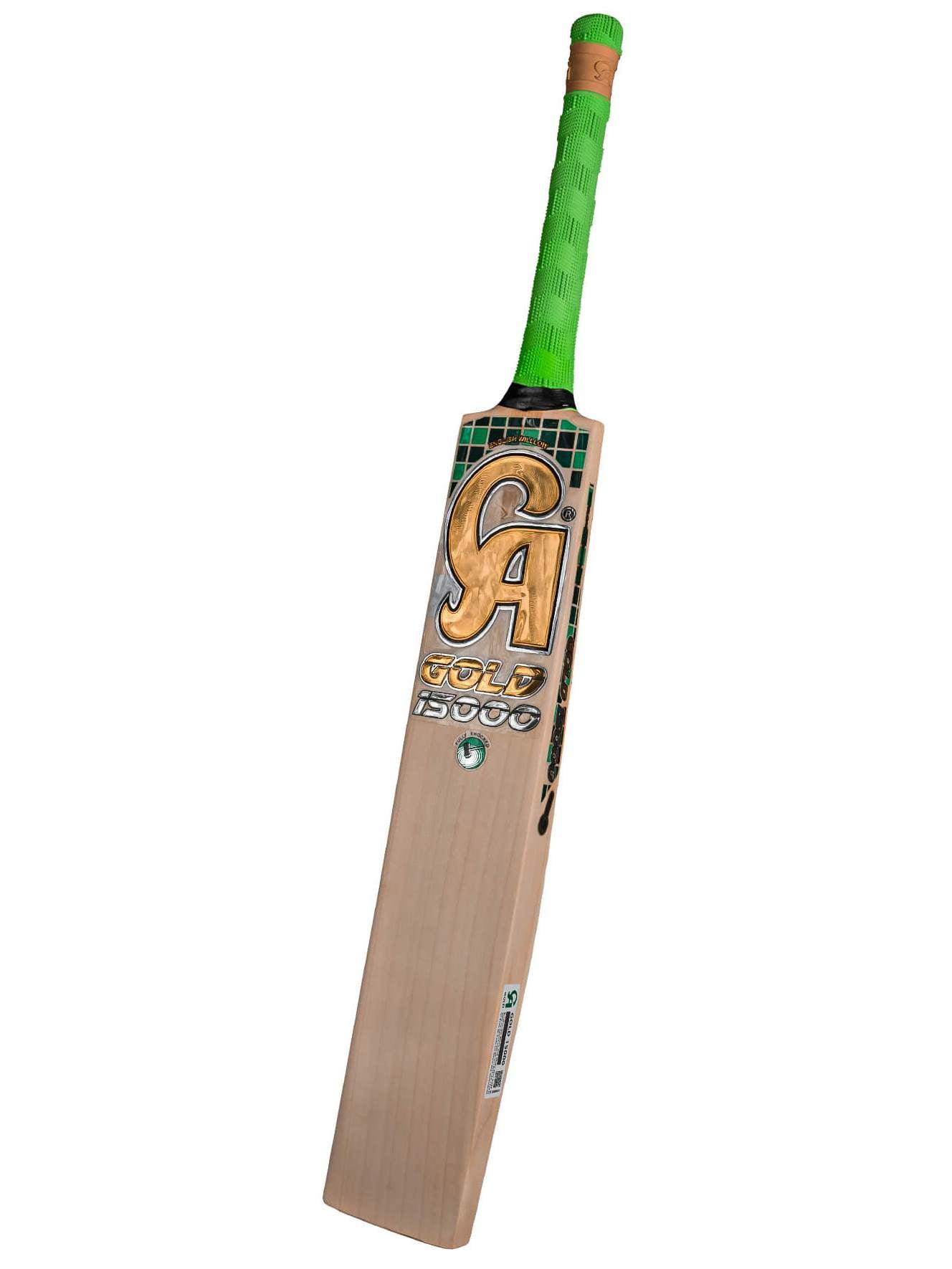 A CA Gold 15000 - Professional Standard Pro Grade English Willow cricket bat featuring a light wooden blade and a bright green handle. The front of the bat displays "CA Gold 15000" in bold, gold lettering, while the top of the blade showcases a small green and black pattern. Crafted from premium materials for superior performance.