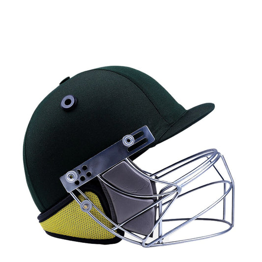 The HS Core 5 cricket helmet by HS, in dark green with a stainless steel grill and yellow interior padding, is displayed side-on against a white background, providing enhanced safety for players.