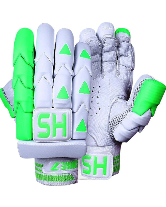 A pair of HS Core 7 white and green cricket gloves featuring protective padding on the fingers and back of the hand. These shock-resistant gloves prominently display the "HS" brand initials on the wrist straps, providing impact protection. The design includes green accents on the knuckles and fingers.