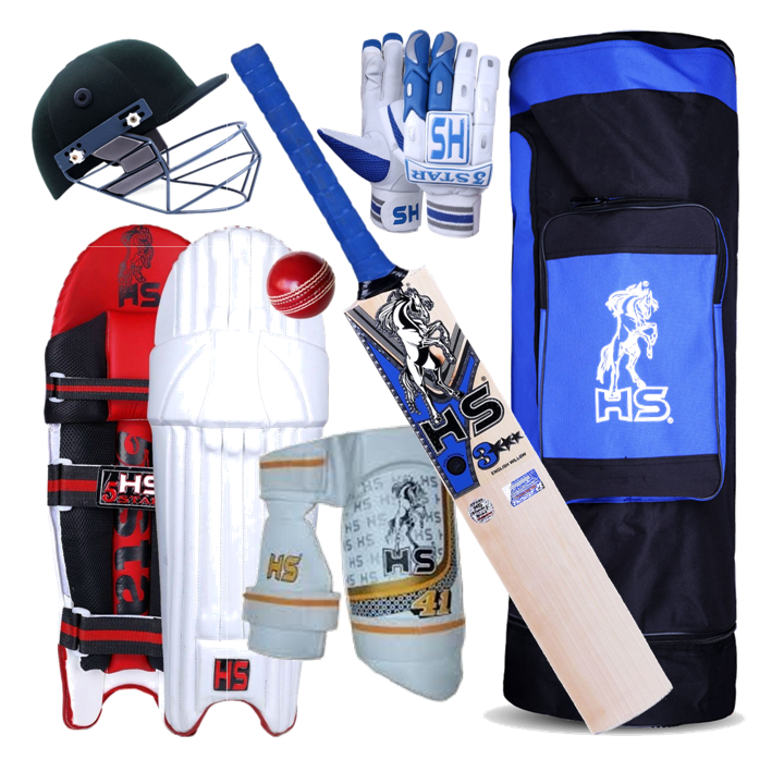 The HS 3Star - Club Kit with Players Grade English Willow Bat is perfect for club cricketers, featuring a helmet, batting gloves, batting pads, a cricket ball, an English Willow Cricket Bat, arm guards, thigh guards, and a spacious blue and black kit bag emblazoned with the "HS" logo.