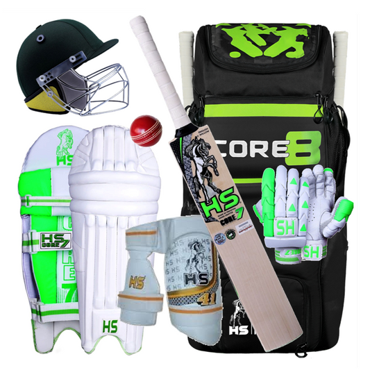 The HS Core 7 - Players Kit with Pro Grade English Willow Bat includes high-quality cricket equipment essential for professionals, such as a helmet, gloves, leg guards, arm guards, an English Willow Cricket Bat, a red cricket ball, and a black equipment bag. The gear features predominantly white with green and black accents and is branded with the "HS" logo—perfect for professional cricketers.