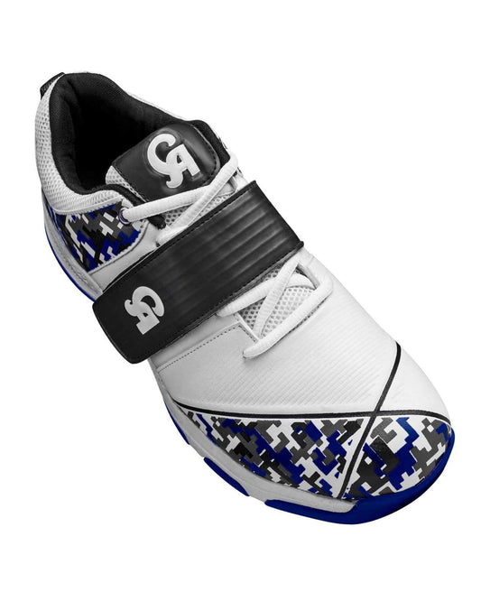 The CA Kamo Spikes cricket shoes are white athletic footwear adorned with blue and black geometric patterns on the sides and toe area. Featuring a black strap across the top with a white CA logo, these shoes also boast similar geometric designs on the heel and sole for excellent traction. The tongue is black with another distinct white CA logo.