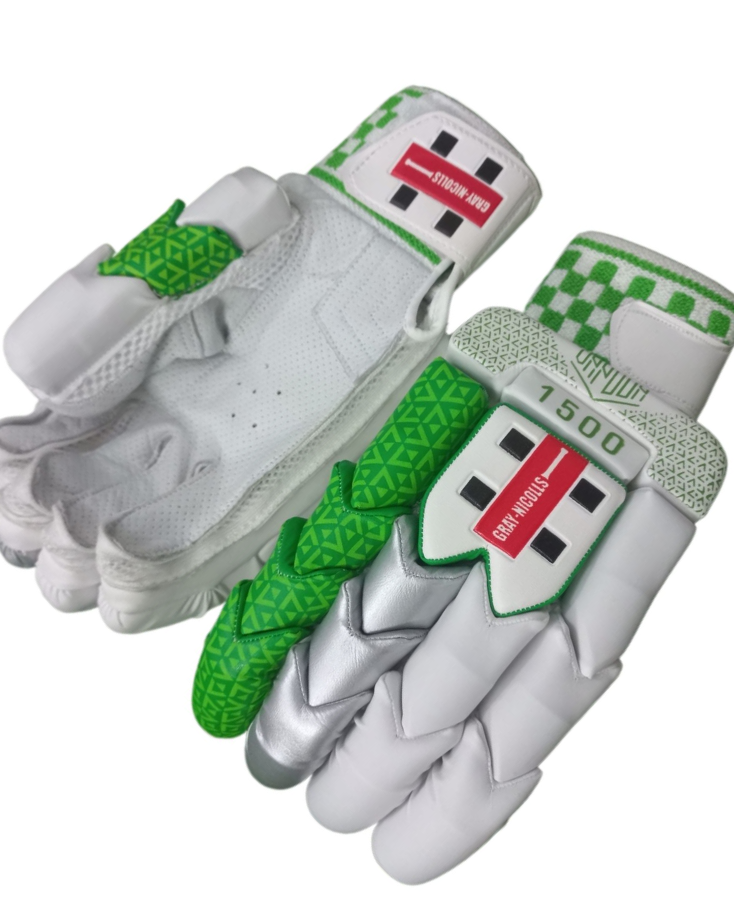 The Gray Nicolls Vapour 1500 Green - Master Replica batting gloves feature a white and silver color scheme with striking green accents. The back of these cricket gloves showcases a textured green pattern, and the label proudly displays "Gray Nicolls," "1500," along with a distinctive red and white cross design for superior impact protection.