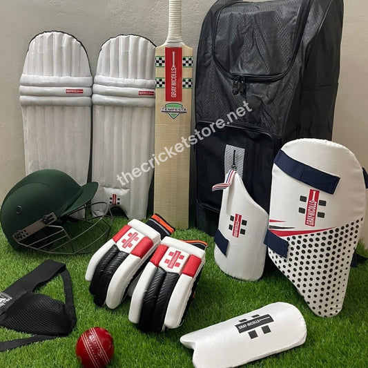 Complete hard ball cricket kit for beginners including bat, pads, gloves, helmet, and protective gear