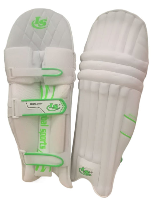 A pair of high-quality "IS White - Platinum Edition" cricket leg guards with green accents. The leg guards feature padded, shock-resistant material, adjustable straps, and branding that reads "IS" in green. Both guards are shown side by side, highlighting their design and structure—perfect for cricket enthusiasts.